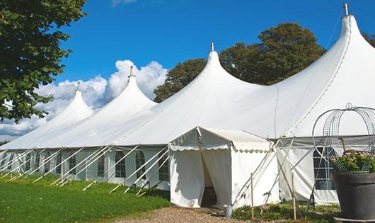 a row of portable restrooms placed outdoors for attendees of a special event in Richgrove